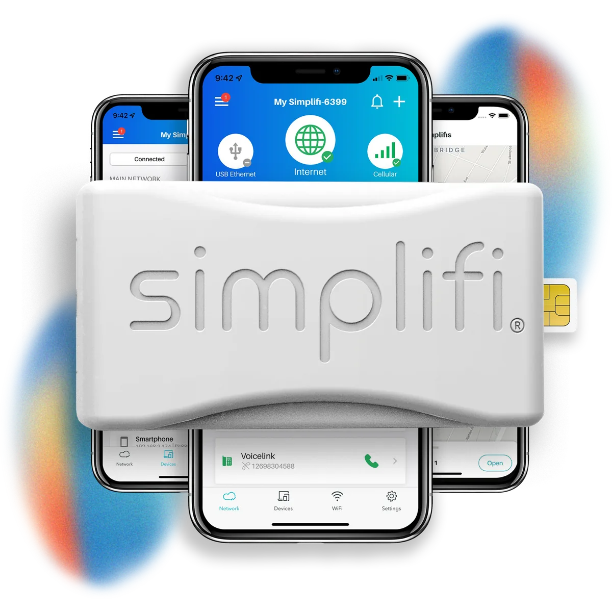 The Simplifi Connect II router with the management app showing internet, cellular, and failover status