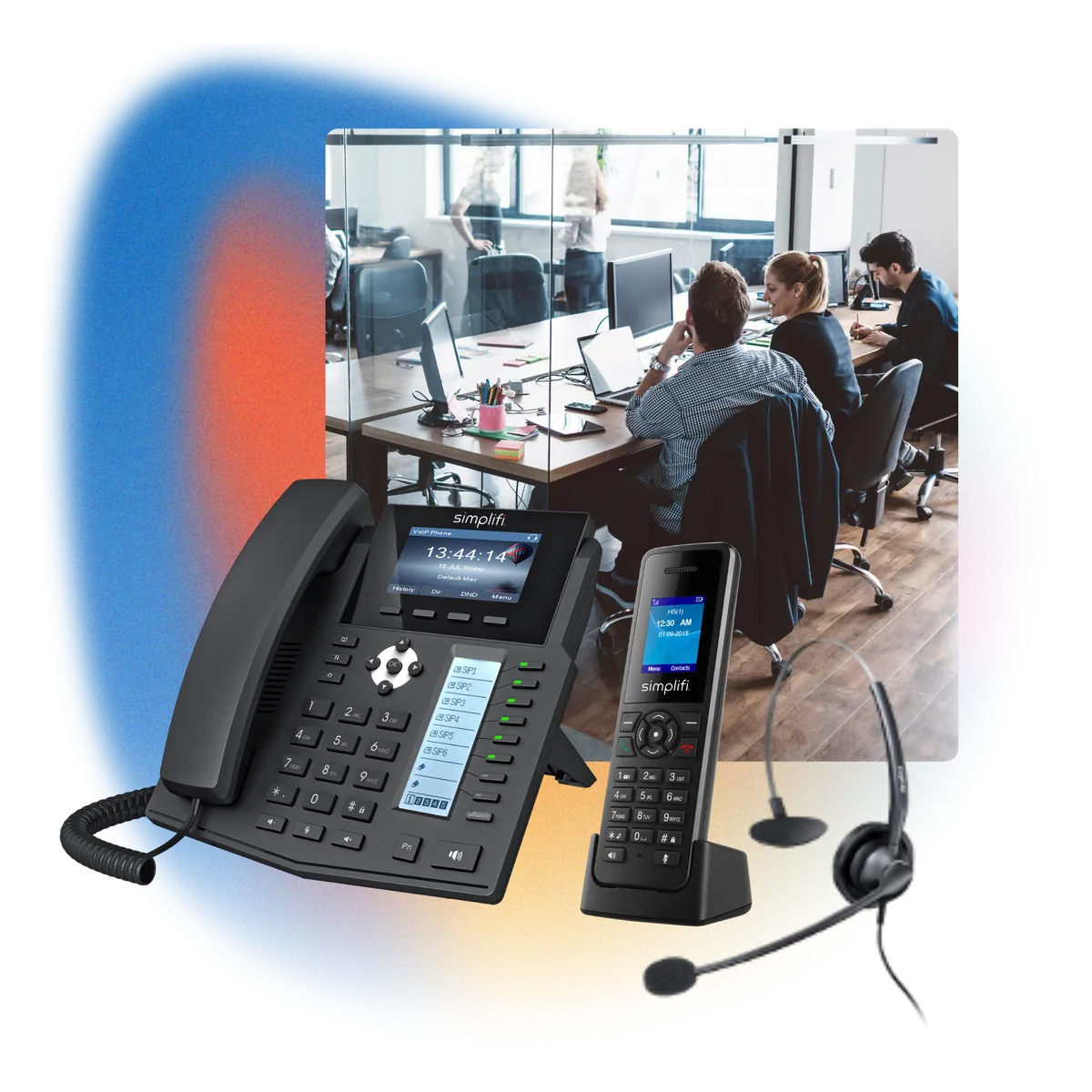A Simplifi-certified desk phone alongside a laptop running Scout and a mobile device — full device flexibility
