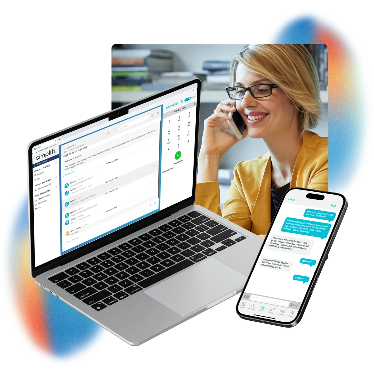 The Scout app shown on a laptop and phone side by side — voice, messaging, and collaboration across every device