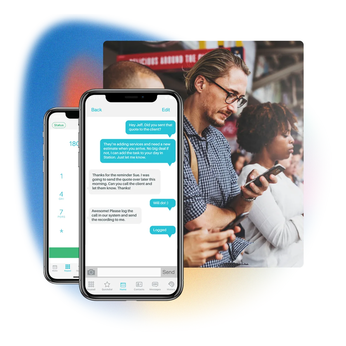 The Scout app showing an active business SMS conversation with a customer