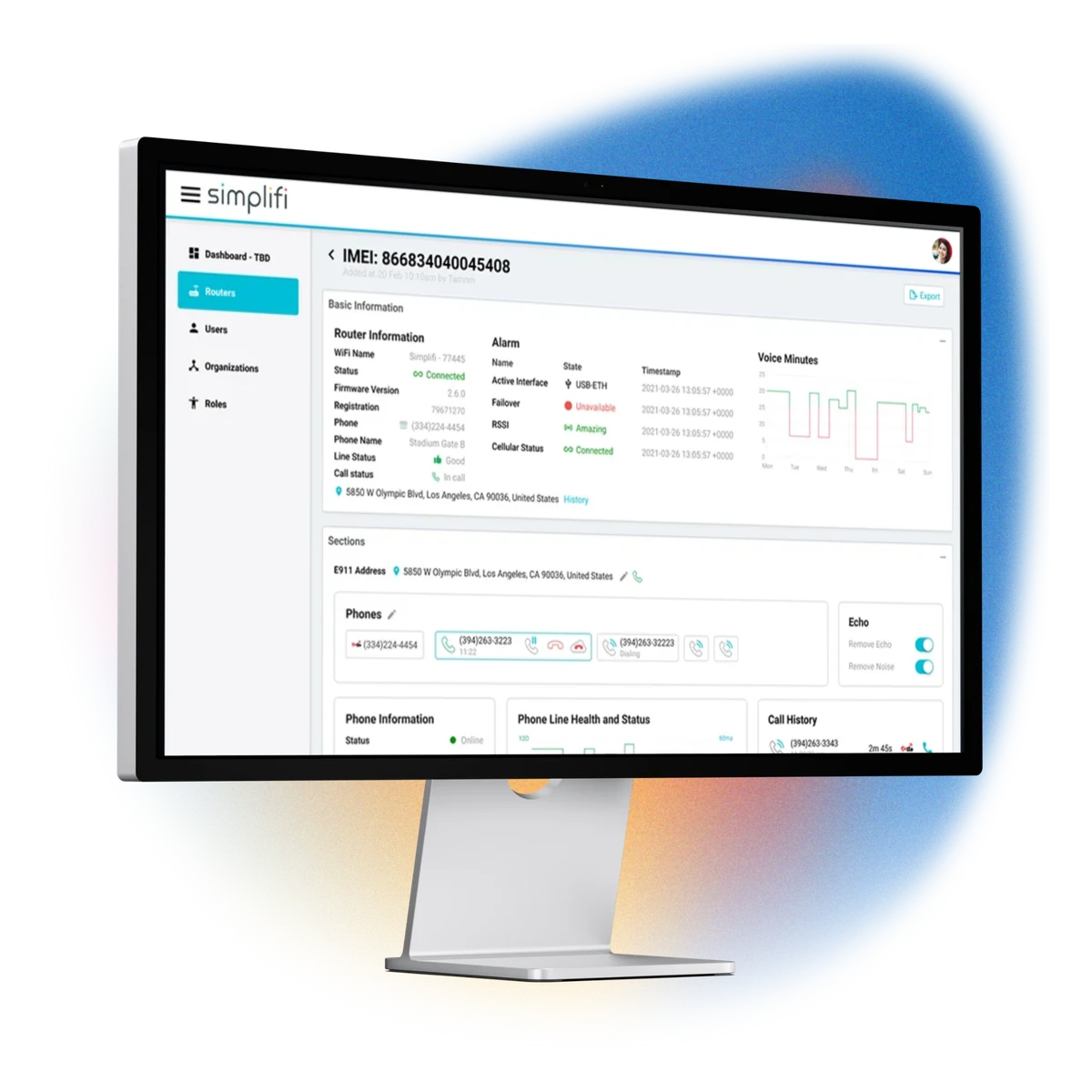 The Simplifi Cloud device view for a Voicelink line showing line status, alarm state, voice minutes, and E911 address