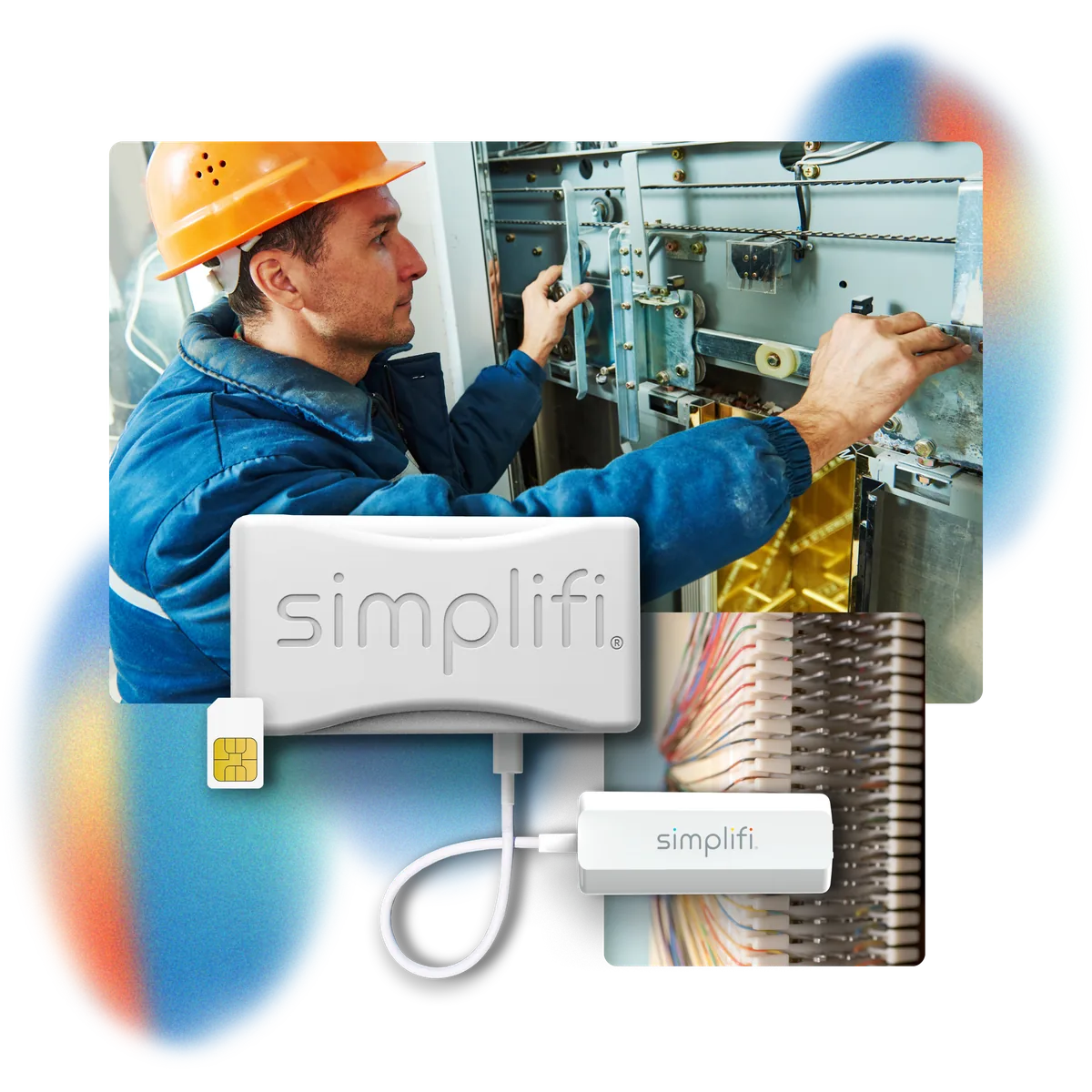 A technician servicing elevator equipment alongside the Voicelink Smart Adaptor connected to a telecom line